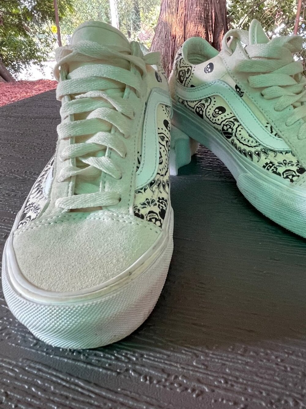 White Vans 'Off the Wall' white sneakers with black skull print.